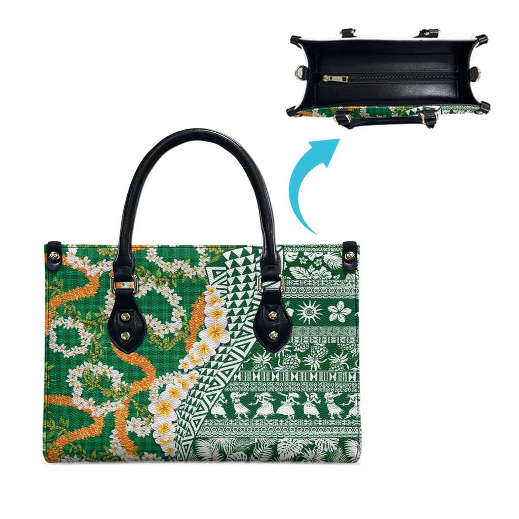 Hawaiian Plumeria Lei Leather Bag Kakau Motifs and Palaka Half Style Green Color - Polynesian Pride
