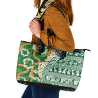 Hawaiian Plumeria Lei Leather Tote Bag Kakau Motifs and Palaka Half Style Green Color - Polynesian Pride