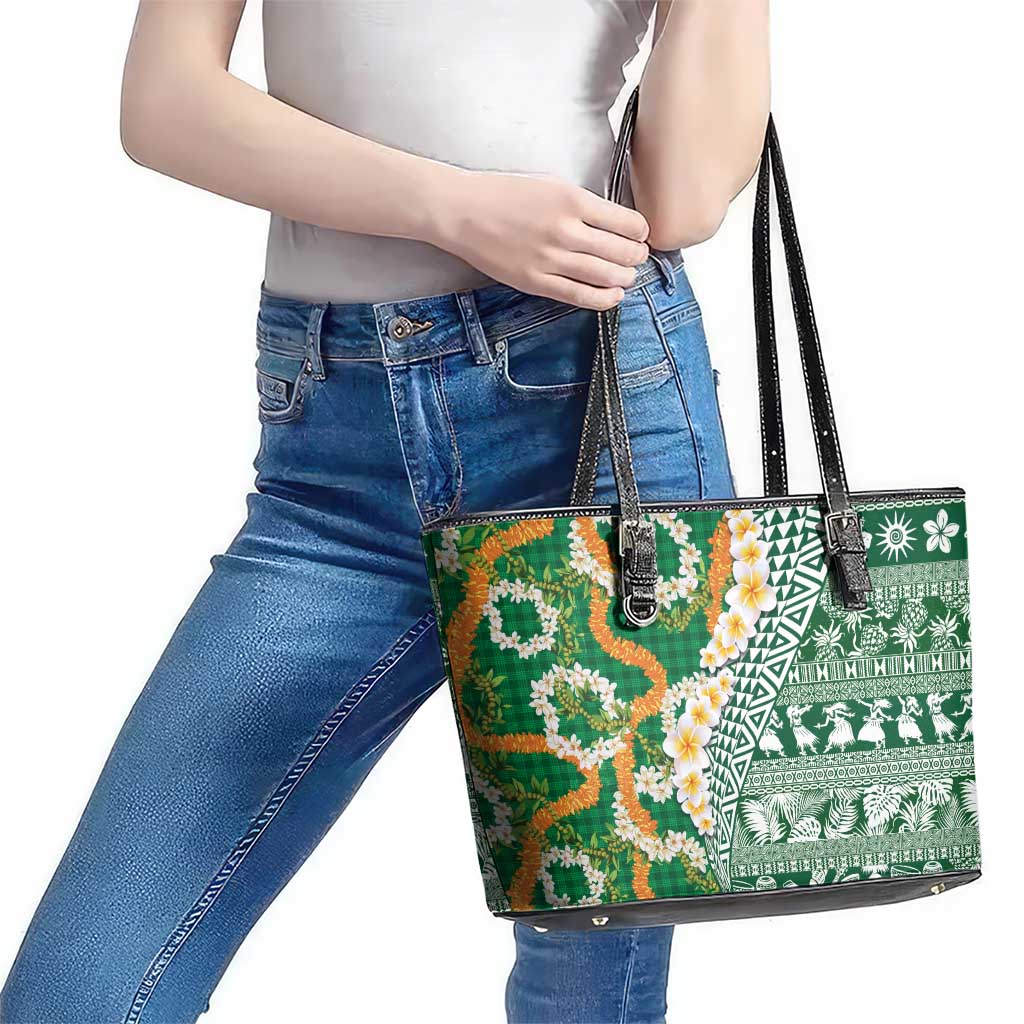 Hawaiian Plumeria Lei Leather Tote Bag Kakau Motifs and Palaka Half Style Green Color - Polynesian Pride