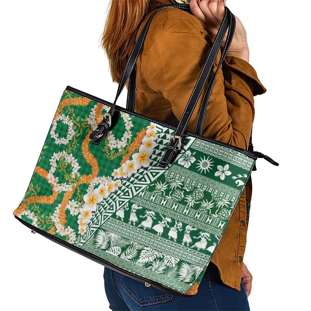 Hawaiian Plumeria Lei Leather Tote Bag Kakau Motifs and Palaka Half Style Green Color - Polynesian Pride