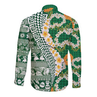 Hawaiian Plumeria Lei Long Sleeve Button Shirt Kakau Motifs and Palaka Half Style Green Color - Polynesian Pride