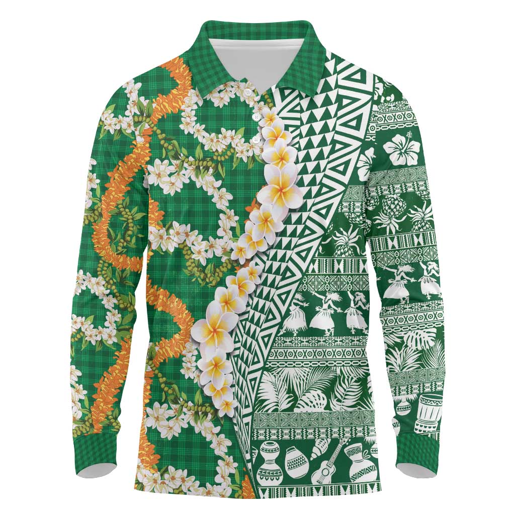 Hawaiian Plumeria Lei Long Sleeve Polo Shirt Kakau Motifs and Palaka Half Style Green Color - Polynesian Pride