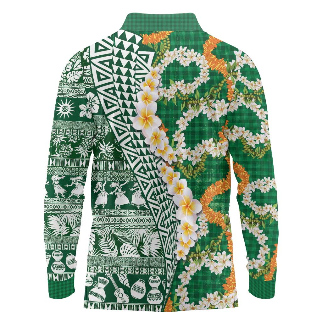 Hawaiian Plumeria Lei Long Sleeve Polo Shirt Kakau Motifs and Palaka Half Style Green Color - Polynesian Pride