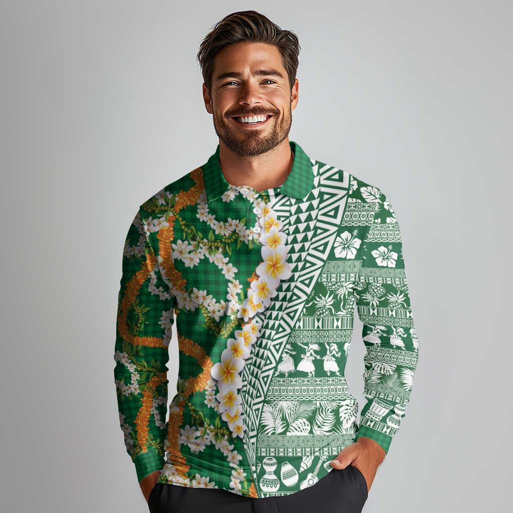 Hawaiian Plumeria Lei Long Sleeve Polo Shirt Kakau Motifs and Palaka Half Style Green Color - Polynesian Pride
