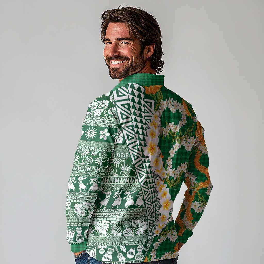 Hawaiian Plumeria Lei Long Sleeve Polo Shirt Kakau Motifs and Palaka Half Style Green Color - Polynesian Pride