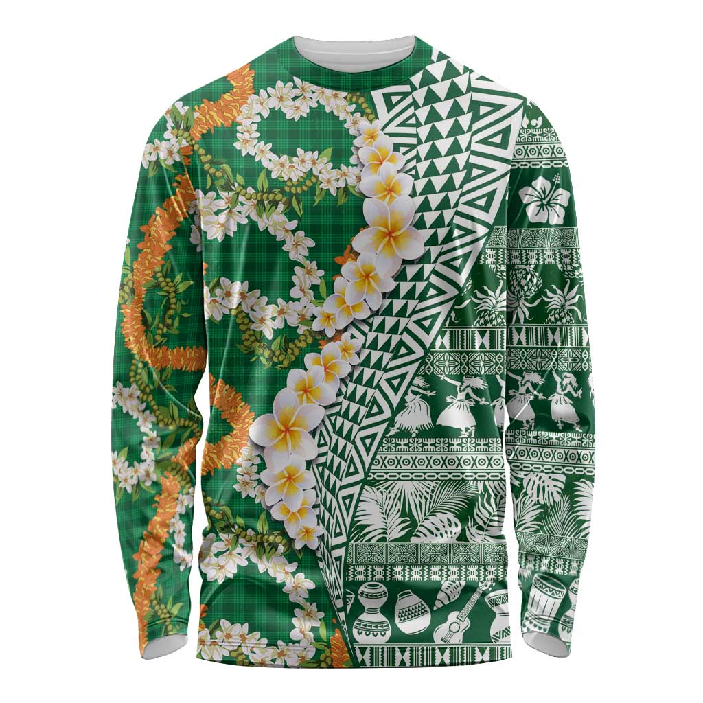 Hawaiian Plumeria Lei Long Sleeve Shirt Kakau Motifs and Palaka Half Style Green Color - Polynesian Pride