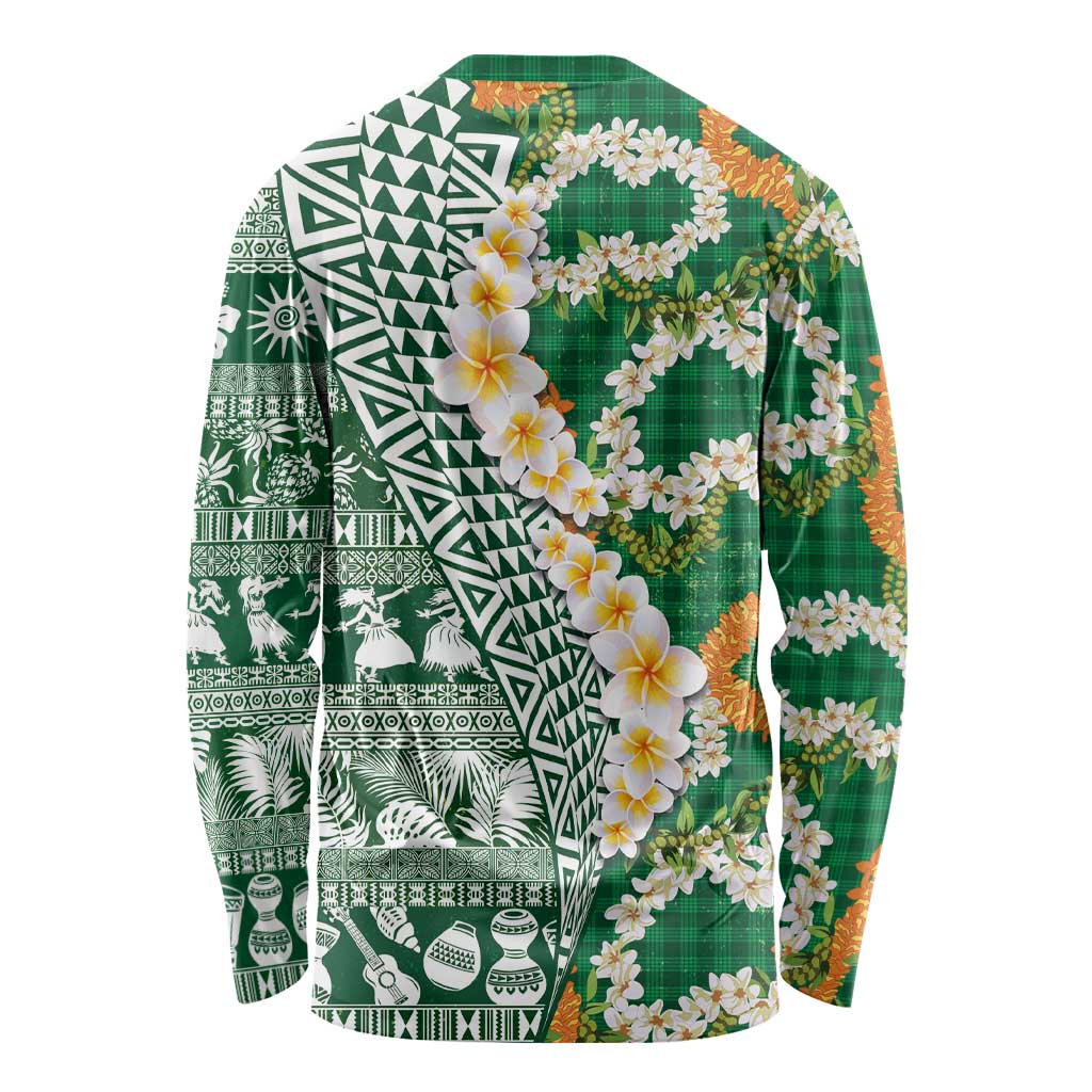 Hawaiian Plumeria Lei Long Sleeve Shirt Kakau Motifs and Palaka Half Style Green Color - Polynesian Pride