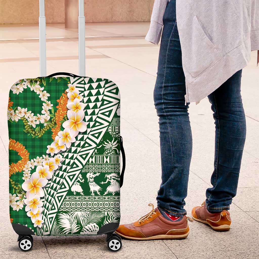 Hawaiian Plumeria Lei Luggage Cover Kakau Motifs and Palaka Half Style Green Color - Polynesian Pride