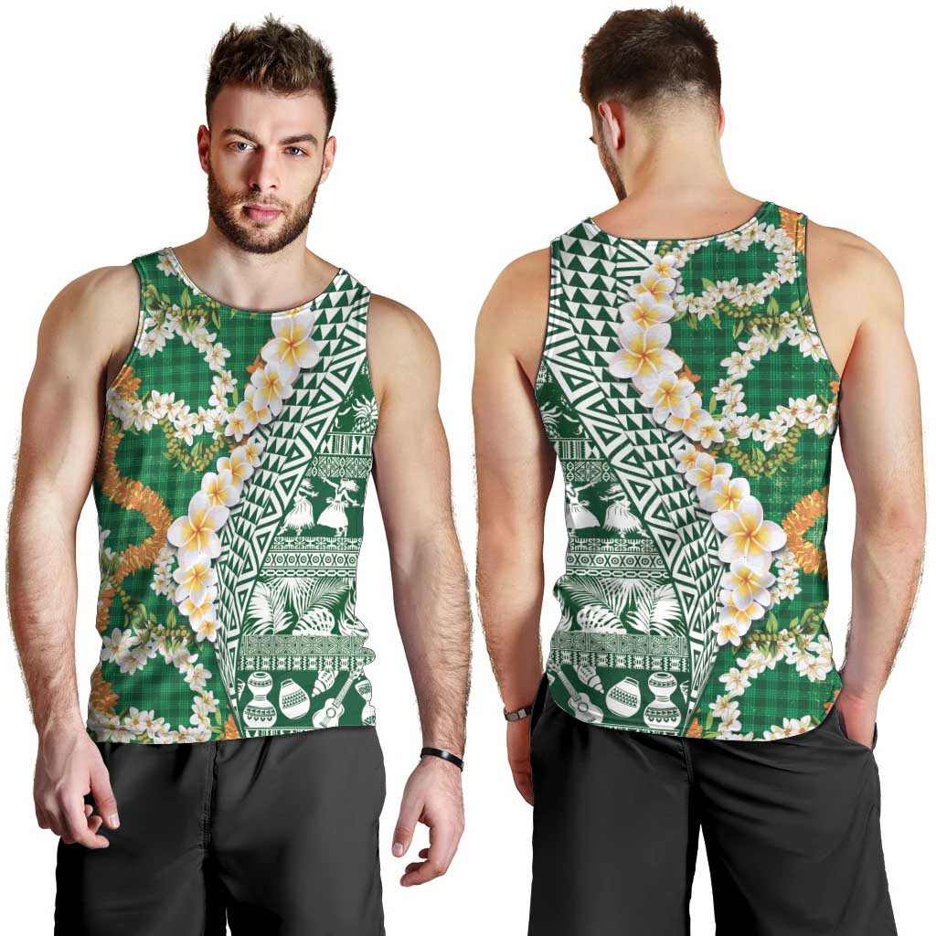 Hawaiian Plumeria Lei Men Tank Top Kakau Motifs and Palaka Half Style Green Color - Polynesian Pride