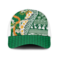 Hawaiian Plumeria Lei Mesh Trucker Cap Kakau Motifs and Palaka Half Style Green Color - Polynesian Pride