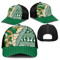 Hawaiian Plumeria Lei Mesh Trucker Cap Kakau Motifs and Palaka Half Style Green Color - Polynesian Pride