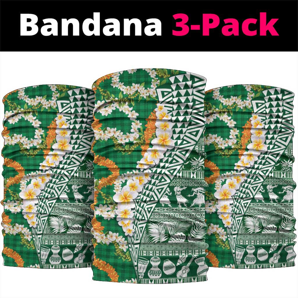 Hawaiian Plumeria Lei Neck Gaiter Kakau Motifs and Palaka Half Style Green Color - Polynesian Pride