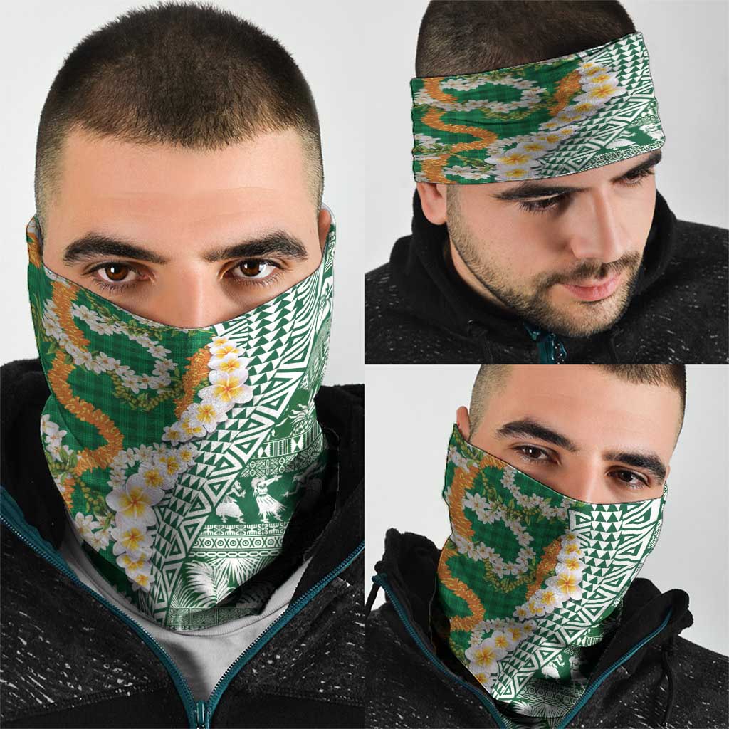 Hawaiian Plumeria Lei Neck Gaiter Kakau Motifs and Palaka Half Style Green Color - Polynesian Pride