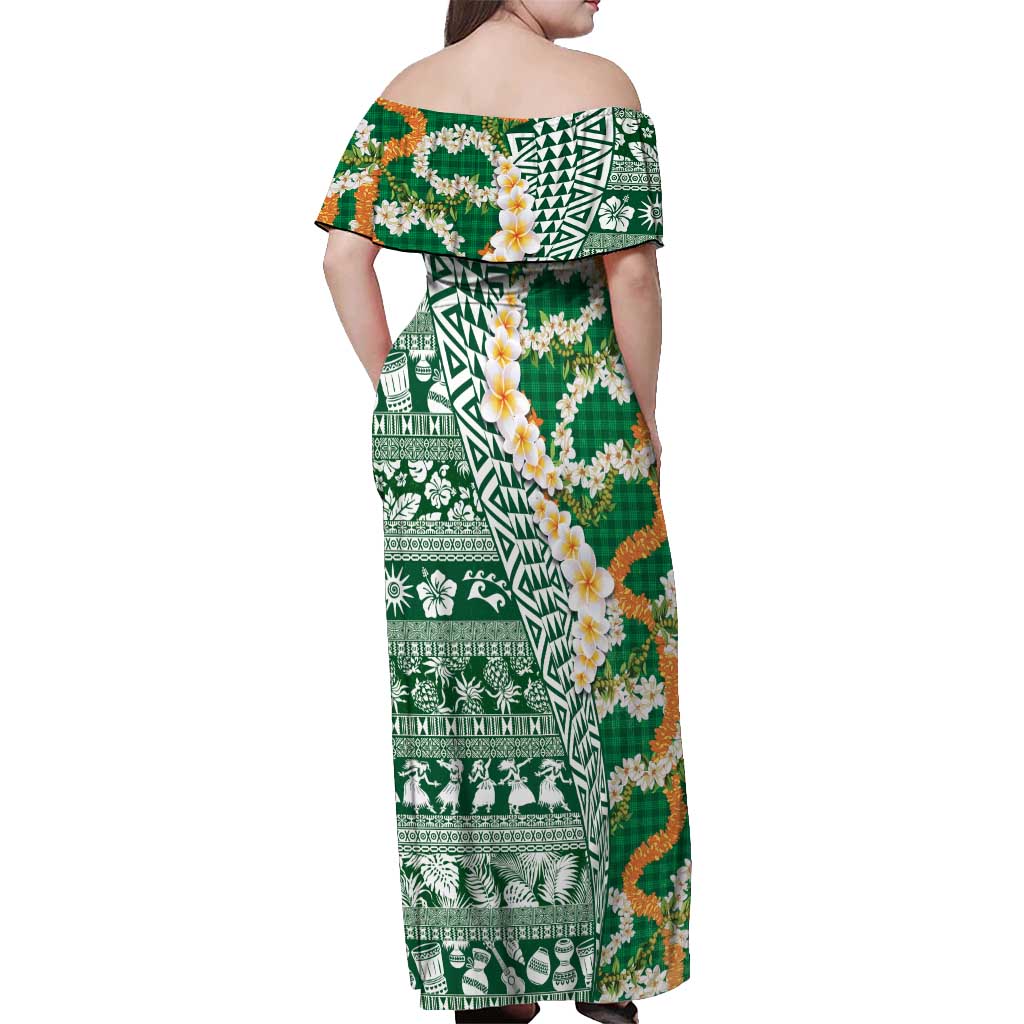 Hawaiian Plumeria Lei Off Shoulder Maxi Dress Kakau Motifs and Palaka Half Style Green Color - Polynesian Pride