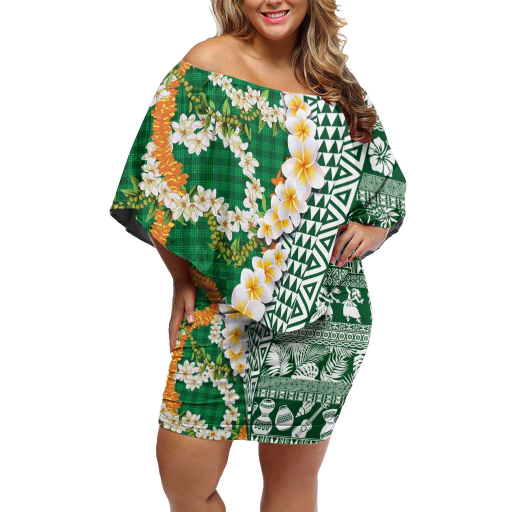 Hawaiian Plumeria Lei Off Shoulder Short Dress Kakau Motifs and Palaka Half Style Green Color - Polynesian Pride