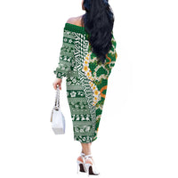 Hawaiian Plumeria Lei Off The Shoulder Long Sleeve Dress Kakau Motifs and Palaka Half Style Green Color - Polynesian Pride