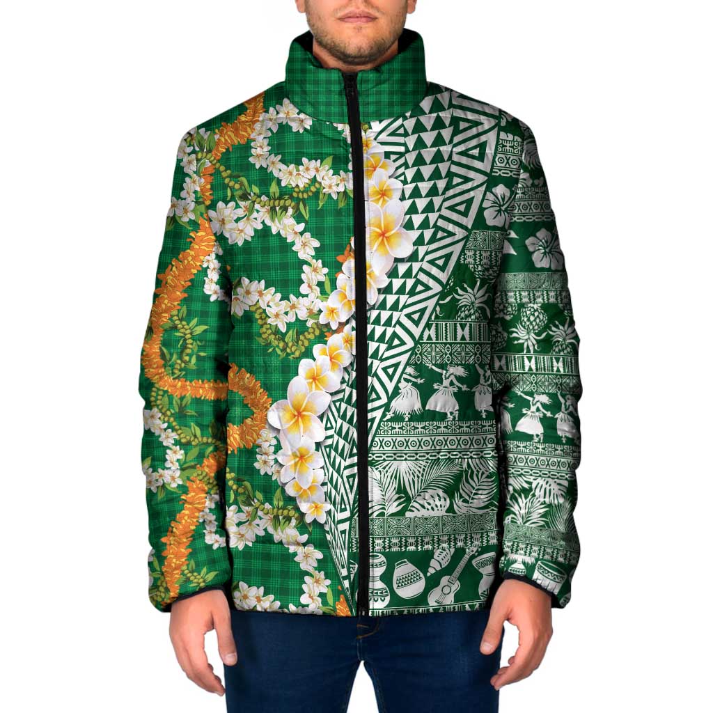 Hawaiian Plumeria Lei Padded Jacket Kakau Motifs and Palaka Half Style Green Color - Polynesian Pride