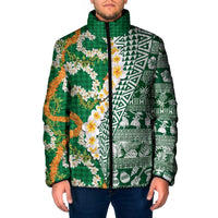Hawaiian Plumeria Lei Padded Jacket Kakau Motifs and Palaka Half Style Green Color - Polynesian Pride