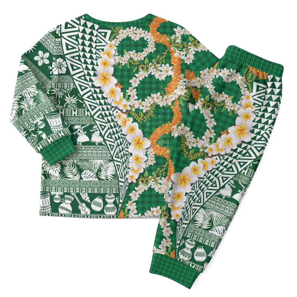 Hawaiian Plumeria Lei Christmas Pajama Set Kakau Motifs and Palaka Half Style Green Color - Polynesian Pride