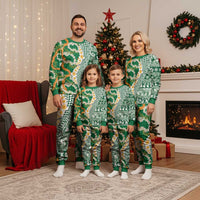 Hawaiian Plumeria Lei Christmas Pajama Set Kakau Motifs and Palaka Half Style Green Color - Polynesian Pride