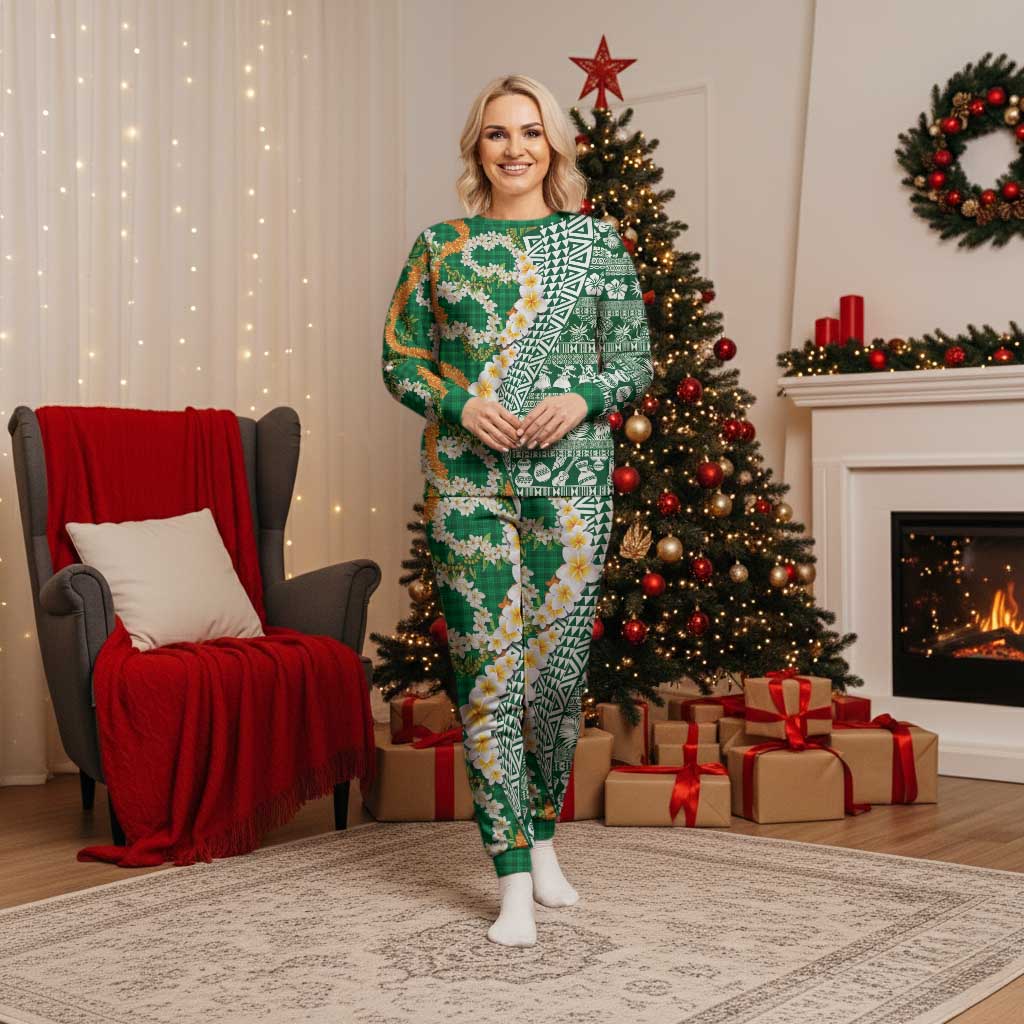 Hawaiian Plumeria Lei Christmas Pajama Set Kakau Motifs and Palaka Half Style Green Color - Polynesian Pride