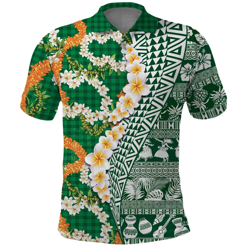 Hawaiian Plumeria Lei Polo Shirt Kakau Motifs and Palaka Half Style Green Color - Polynesian Pride