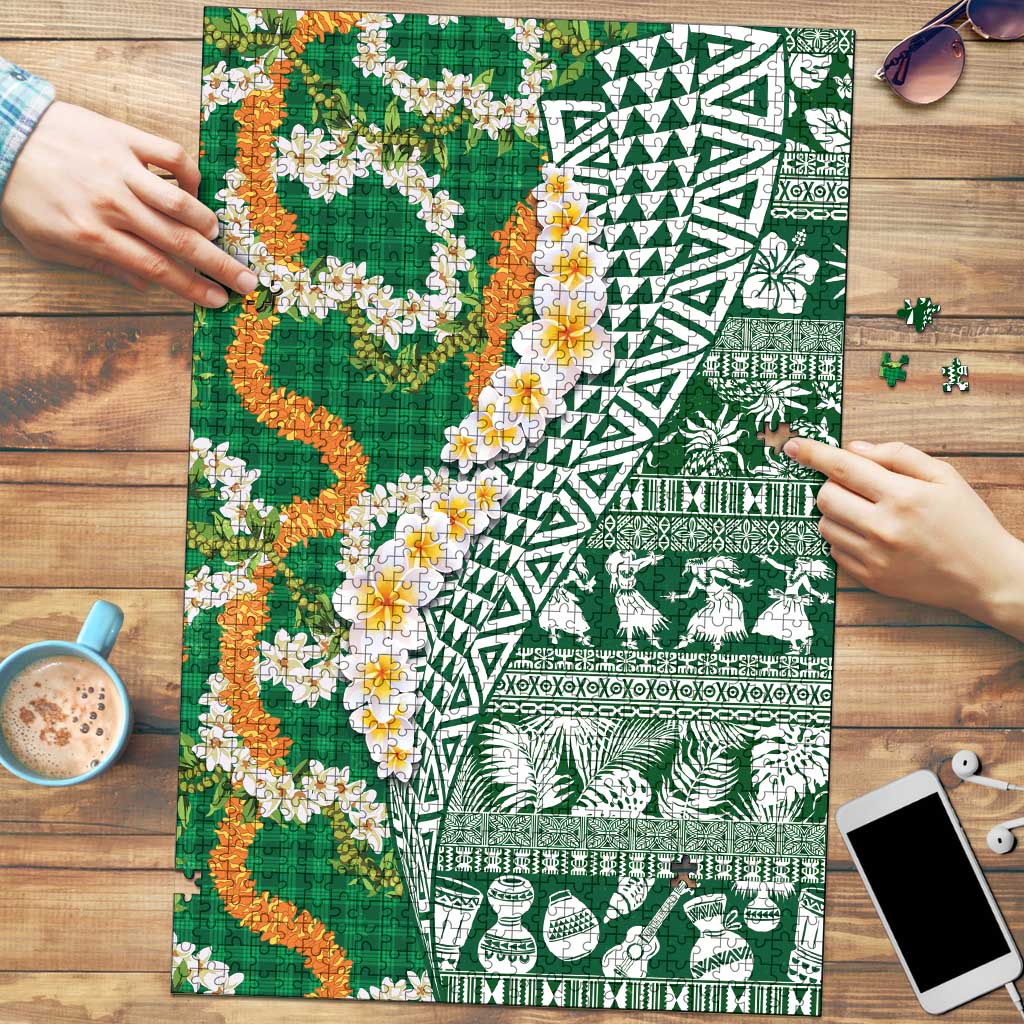 Hawaiian Plumeria Lei Puzzle Kakau Motifs and Palaka Half Style Green Color - Polynesian Pride