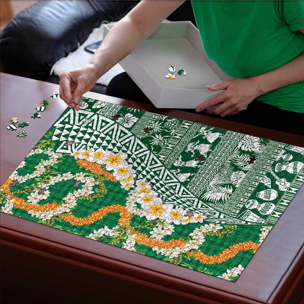 Hawaiian Plumeria Lei Puzzle Kakau Motifs and Palaka Half Style Green Color - Polynesian Pride