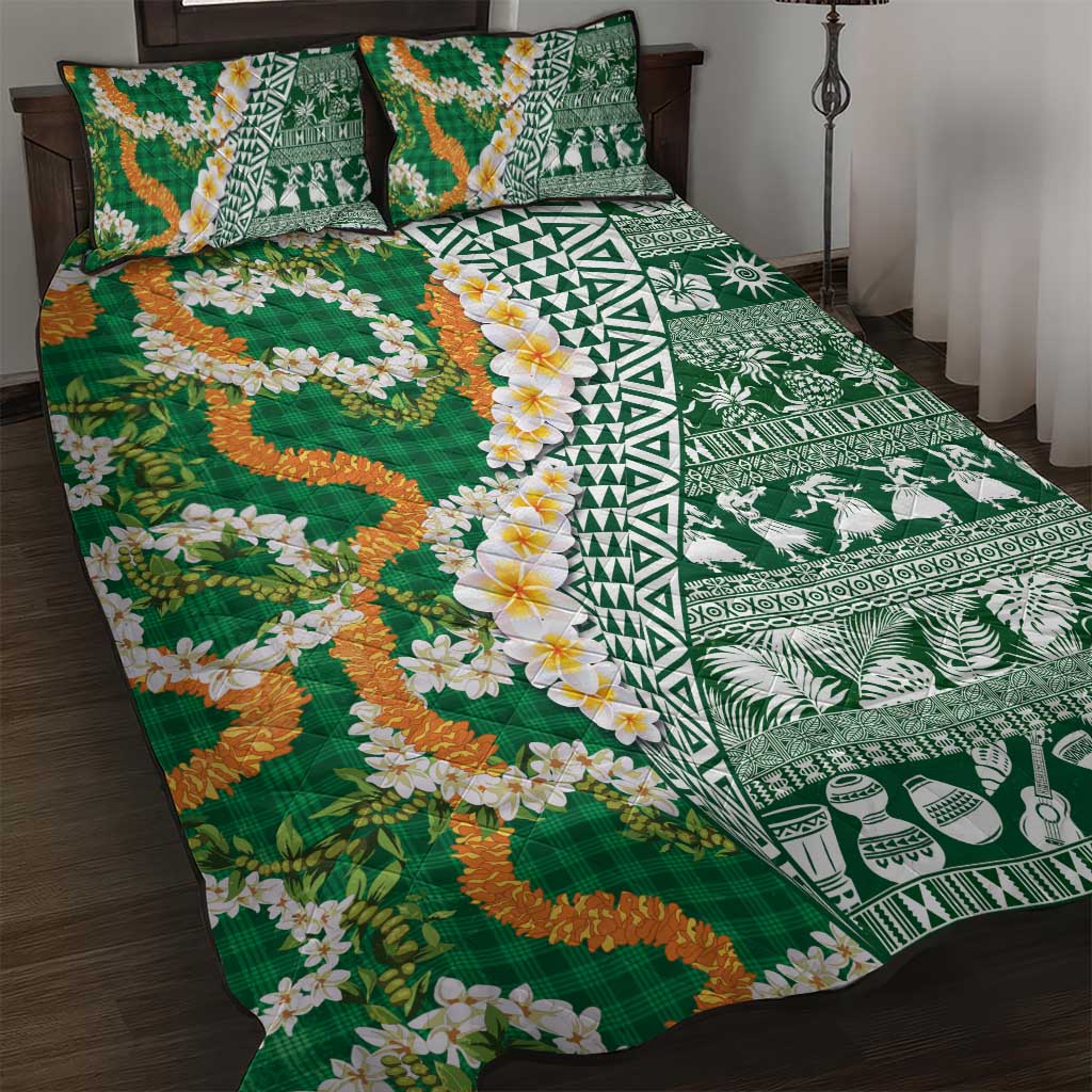 Hawaiian Plumeria Lei Quilt Bed Set Kakau Motifs and Palaka Half Style Green Color - Polynesian Pride