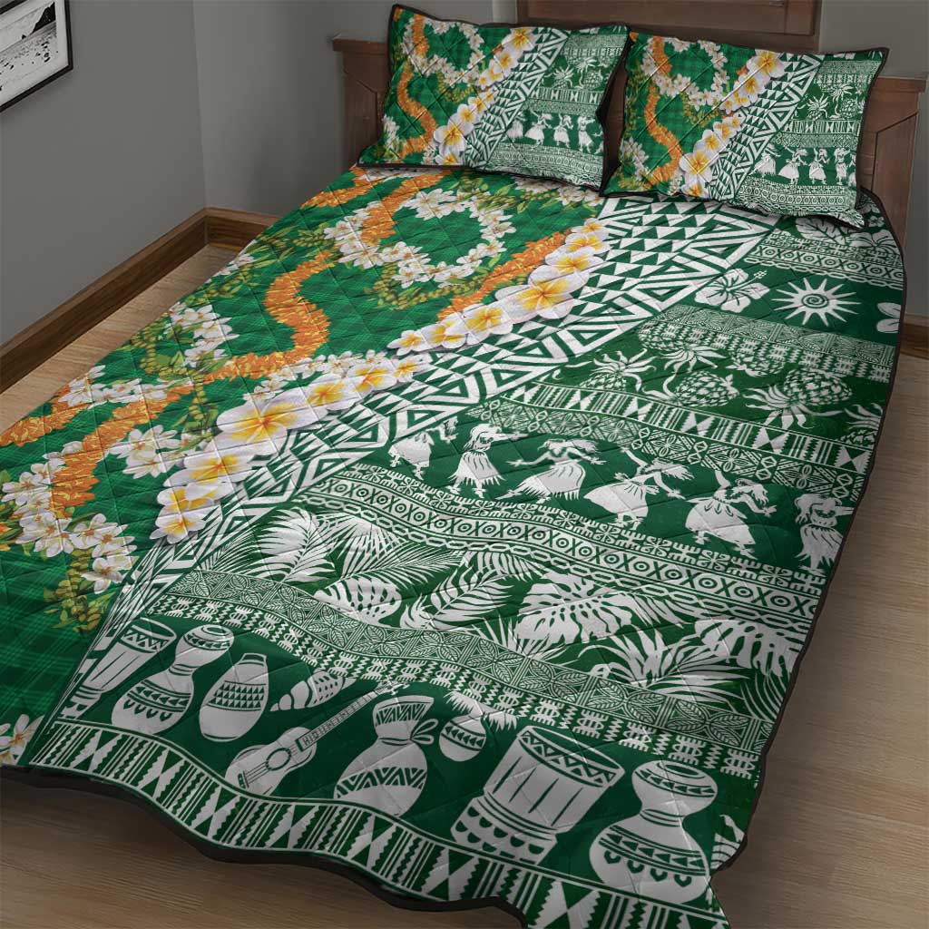 Hawaiian Plumeria Lei Quilt Bed Set Kakau Motifs and Palaka Half Style Green Color - Polynesian Pride