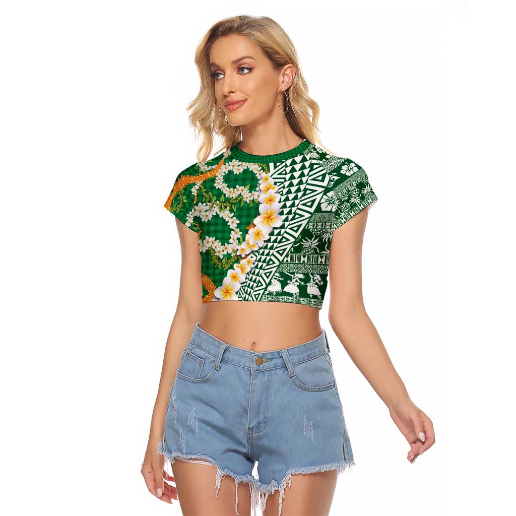 Hawaiian Plumeria Lei Raglan Cropped T Shirt Kakau Motifs and Palaka Half Style Green Color - Polynesian Pride