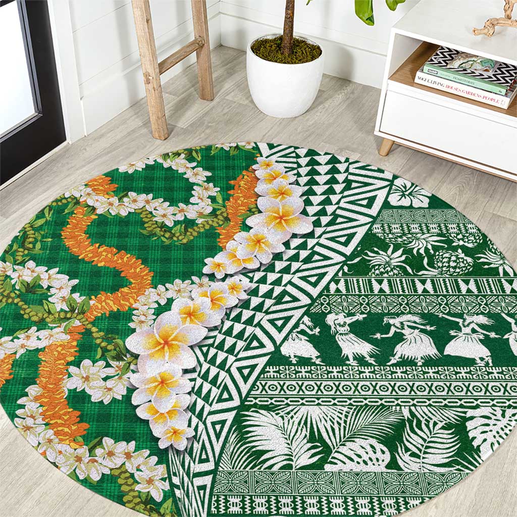 Hawaiian Plumeria Lei Round Carpet Kakau Motifs and Palaka Half Style Green Color - Polynesian Pride