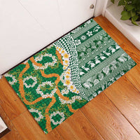Hawaiian Plumeria Lei Rubber Doormat Kakau Motifs and Palaka Half Style Green Color - Polynesian Pride