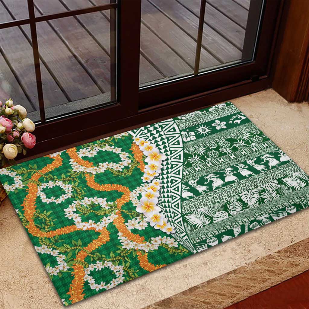 Hawaiian Plumeria Lei Rubber Doormat Kakau Motifs and Palaka Half Style Green Color - Polynesian Pride