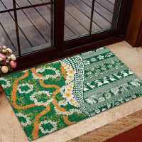 Hawaiian Plumeria Lei Rubber Doormat Kakau Motifs and Palaka Half Style Green Color - Polynesian Pride
