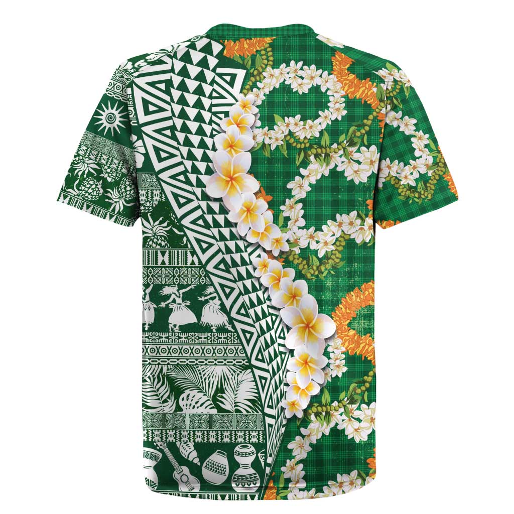 Hawaiian Plumeria Lei Rugby Jersey Kakau Motifs and Palaka Half Style Green Color - Polynesian Pride