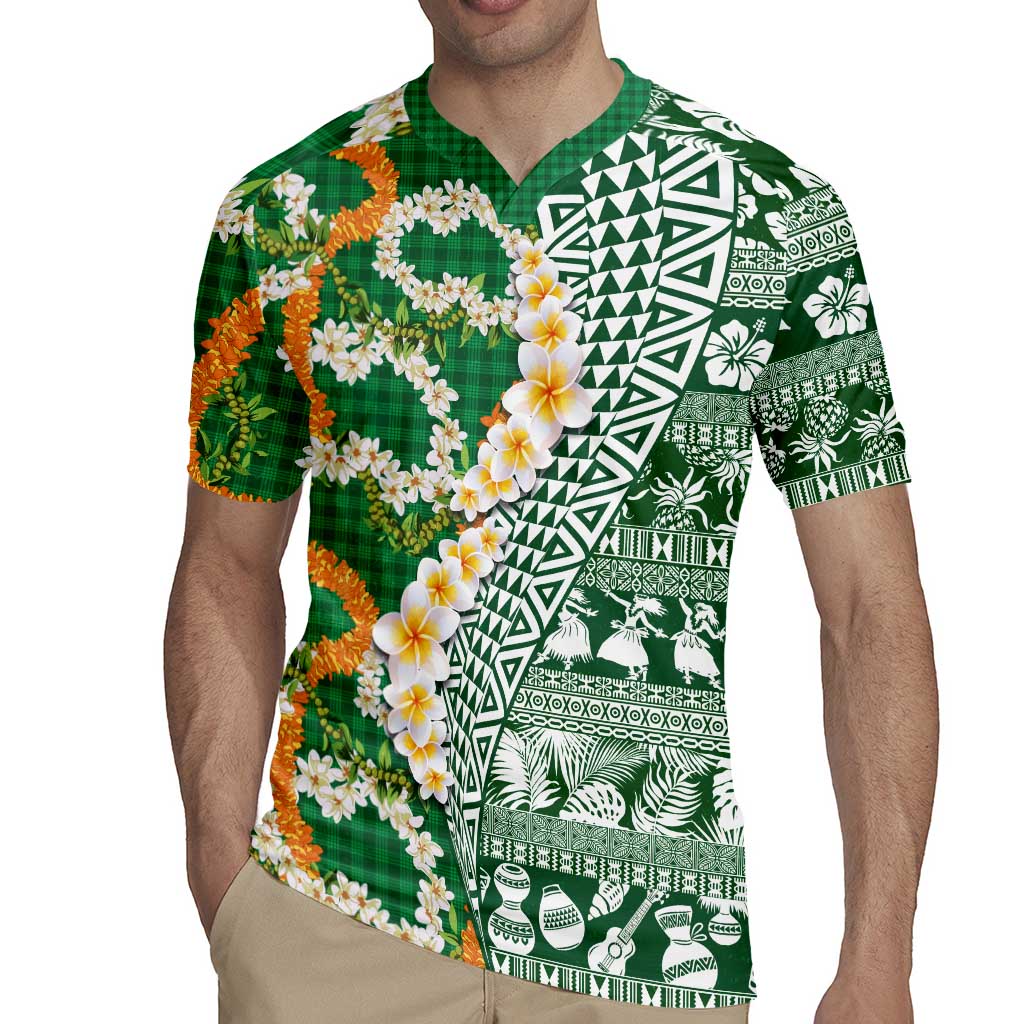 Hawaiian Plumeria Lei Rugby Jersey Kakau Motifs and Palaka Half Style Green Color - Polynesian Pride