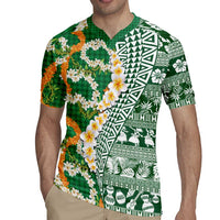 Hawaiian Plumeria Lei Rugby Jersey Kakau Motifs and Palaka Half Style Green Color - Polynesian Pride