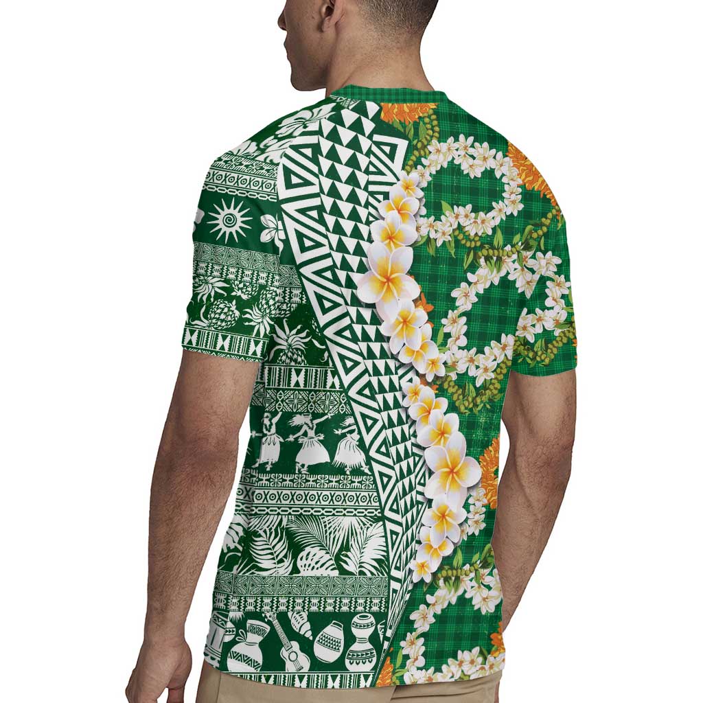 Hawaiian Plumeria Lei Rugby Jersey Kakau Motifs and Palaka Half Style Green Color - Polynesian Pride