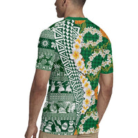 Hawaiian Plumeria Lei Rugby Jersey Kakau Motifs and Palaka Half Style Green Color - Polynesian Pride