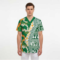Hawaiian Plumeria Lei Scrub Top Kakau Motifs and Palaka Half Style Green Color - Polynesian Pride
