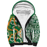 Hawaiian Plumeria Lei Sherpa Hoodie Kakau Motifs and Palaka Half Style Green Color - Polynesian Pride