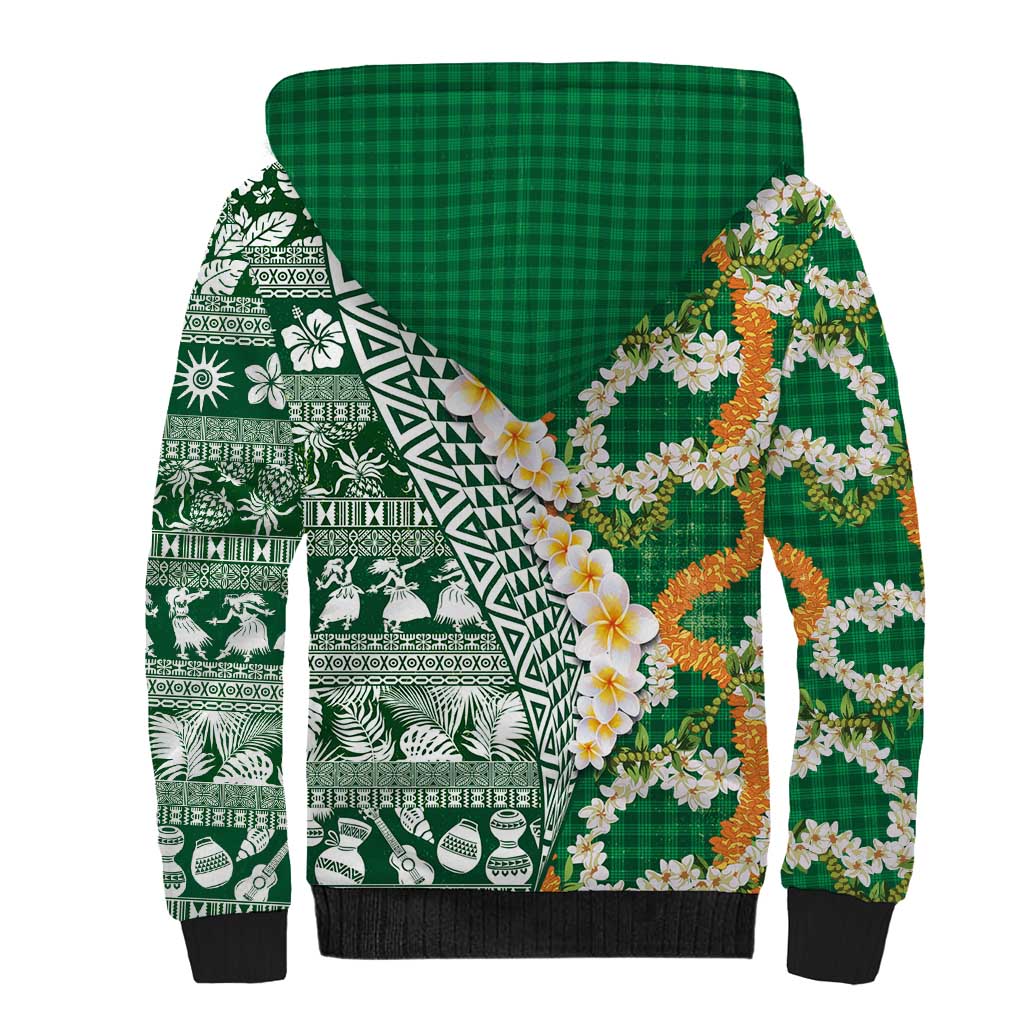 Hawaiian Plumeria Lei Sherpa Hoodie Kakau Motifs and Palaka Half Style Green Color - Polynesian Pride