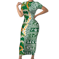 Hawaiian Plumeria Lei Short Sleeve Bodycon Dress Kakau Motifs and Palaka Half Style Green Color - Polynesian Pride
