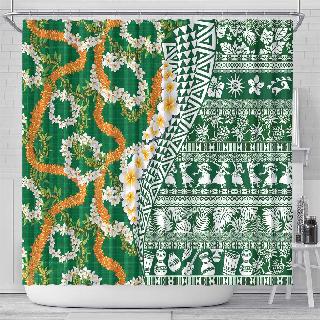 Hawaiian Plumeria Lei Shower Curtain Kakau Motifs and Palaka Half Style Green Color - Polynesian Pride