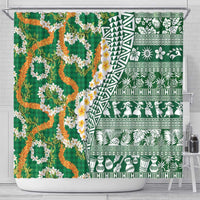 Hawaiian Plumeria Lei Shower Curtain Kakau Motifs and Palaka Half Style Green Color - Polynesian Pride