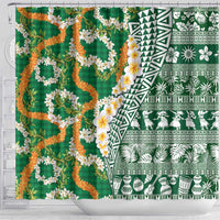 Hawaiian Plumeria Lei Shower Curtain Kakau Motifs and Palaka Half Style Green Color - Polynesian Pride