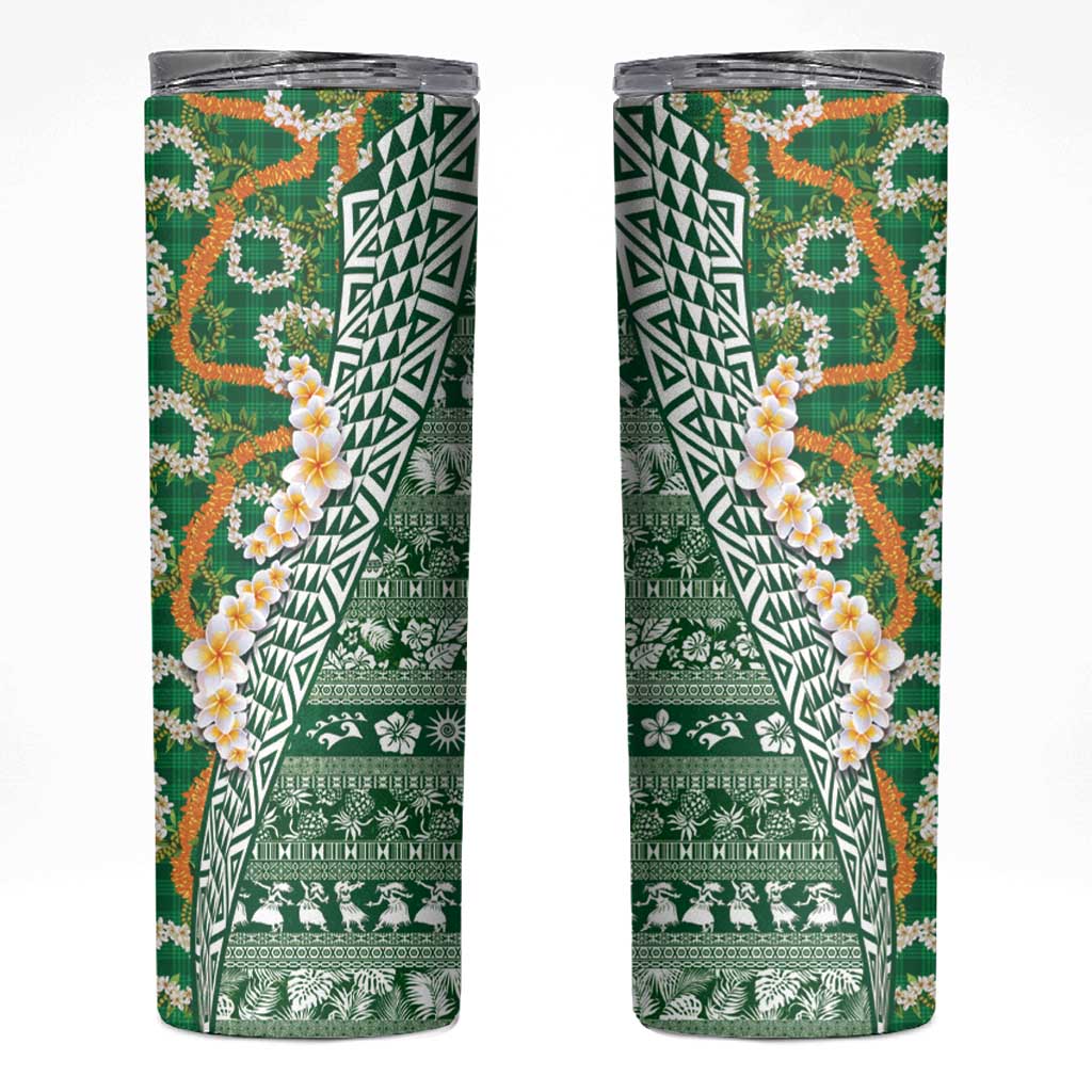 Hawaiian Plumeria Lei Skinny Tumbler Kakau Motifs and Palaka Half Style Green Color - Polynesian Pride