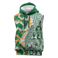 Hawaiian Plumeria Lei Sleeveless Hoodie Kakau Motifs and Palaka Half Style Green Color - Polynesian Pride