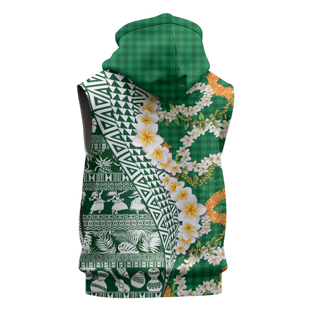 Hawaiian Plumeria Lei Sleeveless Hoodie Kakau Motifs and Palaka Half Style Green Color - Polynesian Pride